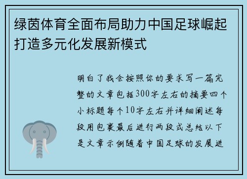 绿茵体育全面布局助力中国足球崛起打造多元化发展新模式
