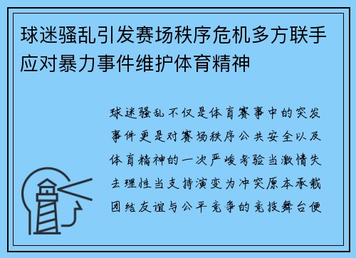 球迷骚乱引发赛场秩序危机多方联手应对暴力事件维护体育精神 球迷骚乱引发赛场秩序危机多方联手应对暴力事件维护体育精神