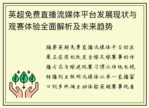 英超免费直播流媒体平台发展现状与观赛体验全面解析及未来趋势 英超免费直播流媒体平台发展现状与观赛体验全面解析及未来趋势